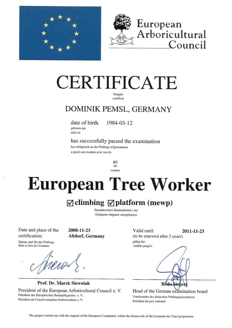 Zertifikat Baumpflege - European Tree Worker