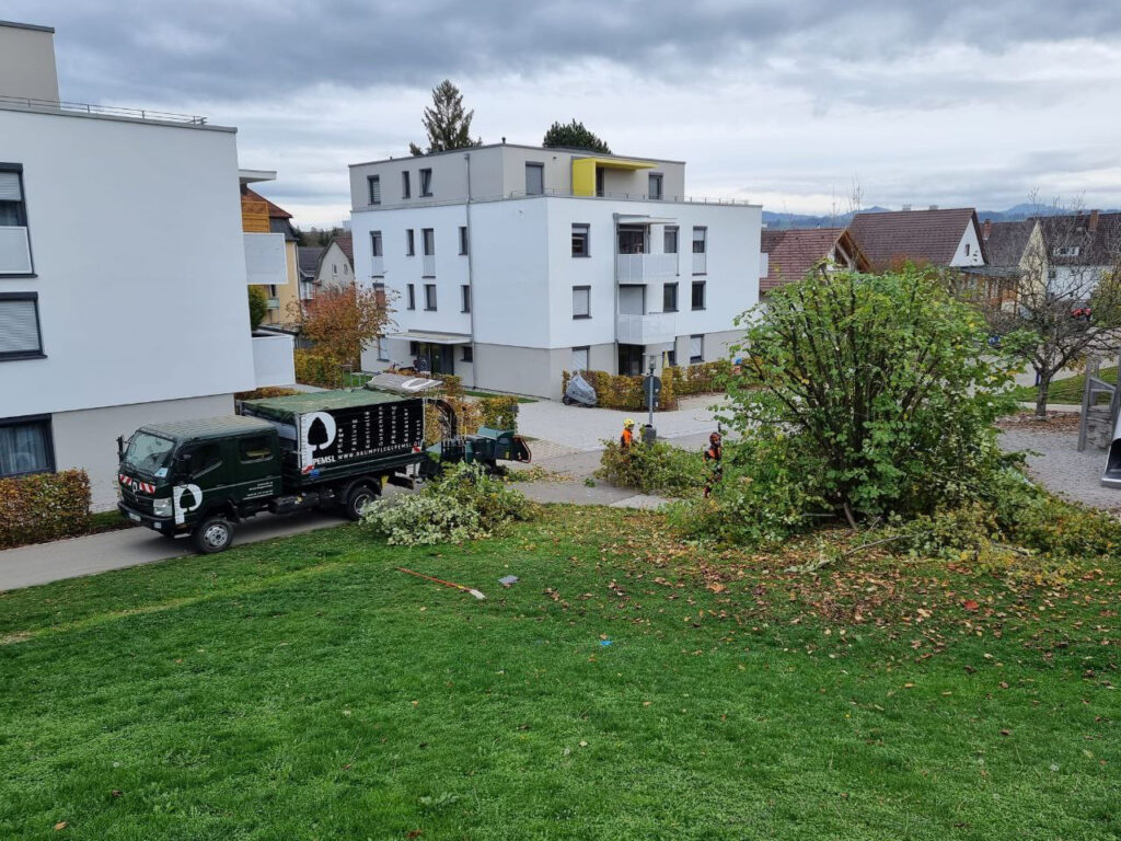 lkw mit häcksler im einsatz vor einem haus